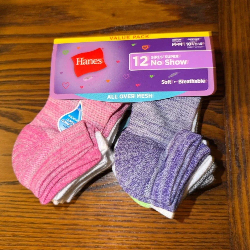 Hanes Girls Super No Show Socks 12 Pair Value Pack Medium Shoe 10.5-4 Neon Multi
